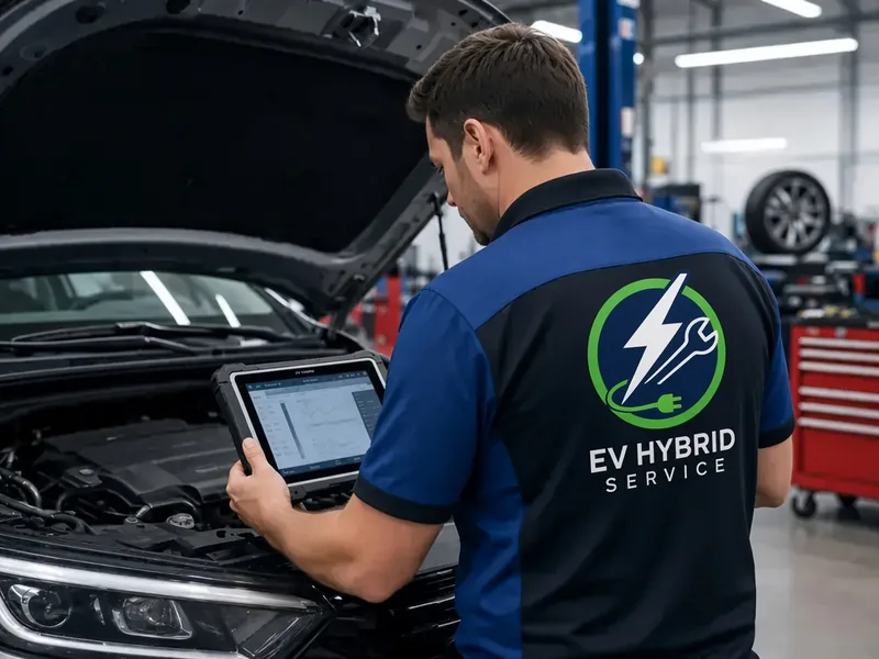Tehnician care lucrează la o mașină hibridă în atelierul EV Hybrid Service